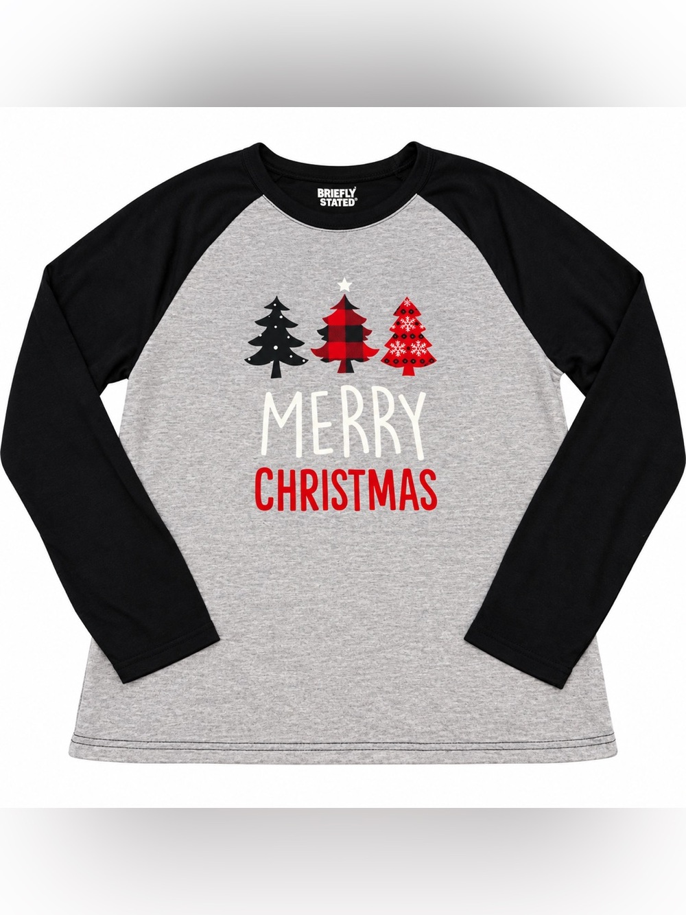 Women’s Medium Merry Christmas Raglan Shirt Gray Black Holiday Trees